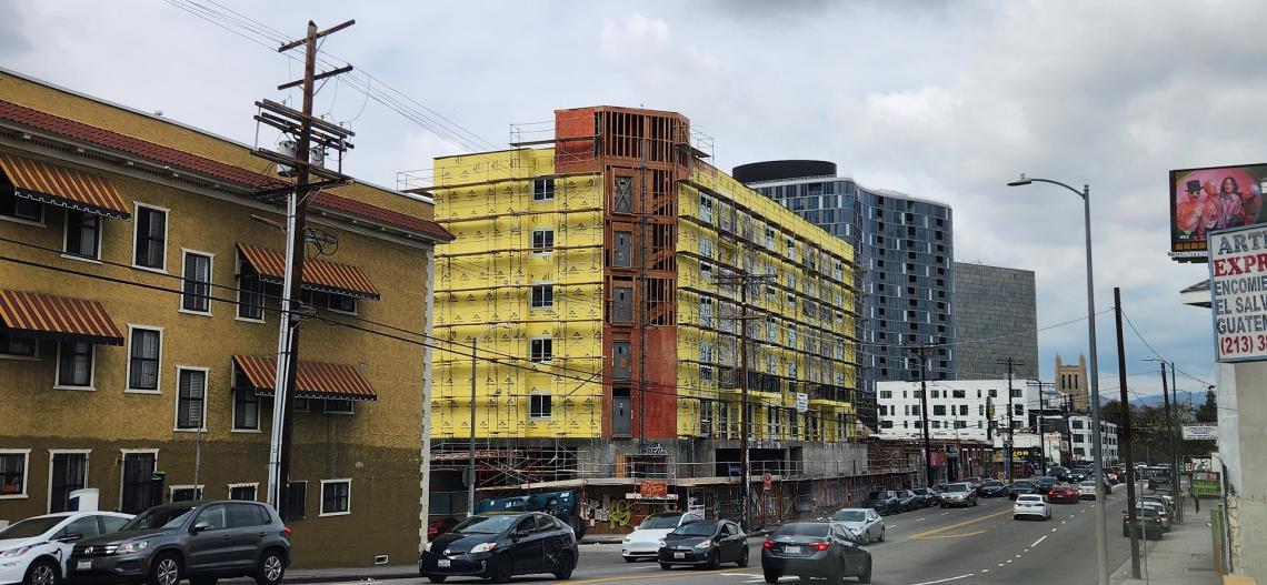 Mixed-use building fully-framed at 719 S. Hoover Street