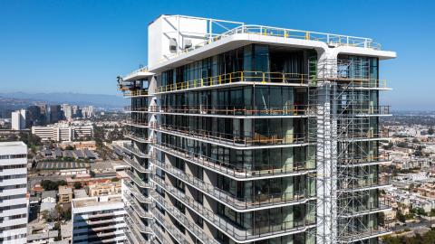 Aerial view of the Landmark Tower looking east