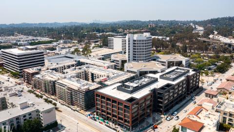 Aeral view of 100 West Walnut development looking southwest toward Downtown Los Angeles