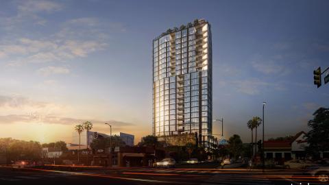 View of the proposed tower at 1725-1739 Bronson Avenue looking northwest from Hollywood Boulevard