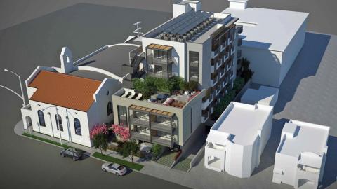 Aerial view of 1282 N Fairfax Avenue - the Methodist Church mixed-use project