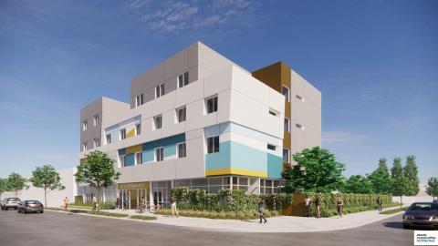 Rendering of the proposed modular supportive housing building at 18722 Sherman Way