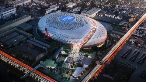 Aerial view of the Intuit Dome in Inglewood