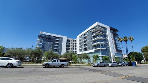 View of the Essence apartments at 6041 Variel Street in Warner Center