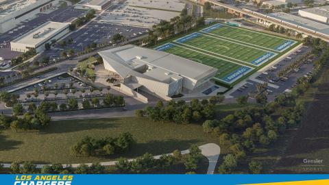 Aerial perspective of the new Chargers headquarters and training facility
