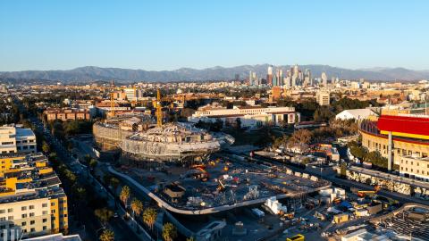 Aerial view of the Lucas Museum of Narrative art looking north toward Downtown Los Angeles