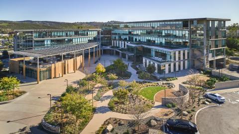 Aerial view of the The Susan & Henry Samueli College of Health Sciences Building and Sue & Bill Gross Nursing and Health Sciences Hall