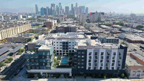 Aerial view of the Jasper apartments looking north toward Downtown Los Angeles