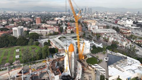 Aerial view of the Space Shuttle Endeavor looking north toward Downtown Los Angeles