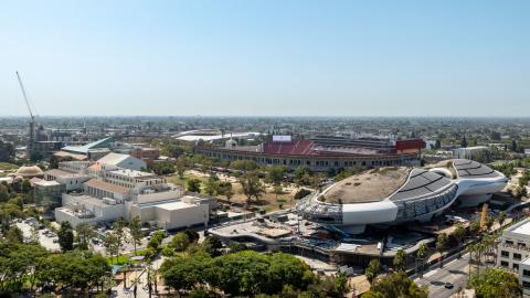 Aerial view of the Lucas Museum of Narrative Art looking southeast