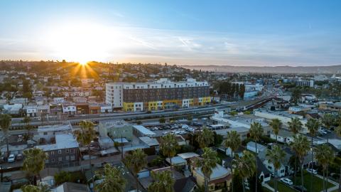 Aerial view of the Crenshaw Lofts looking west