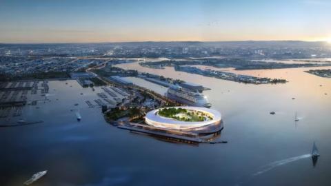 Aerial view of the Outer Harbor Cruise Terminal looking north