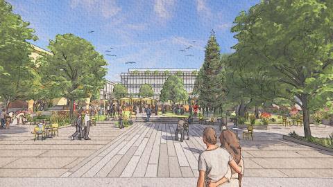 View of new library and plaza looking north from 3rd Street