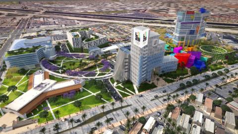 Conceptual rendering of Carson Civic Center development with hotel, aerial view looking northeast